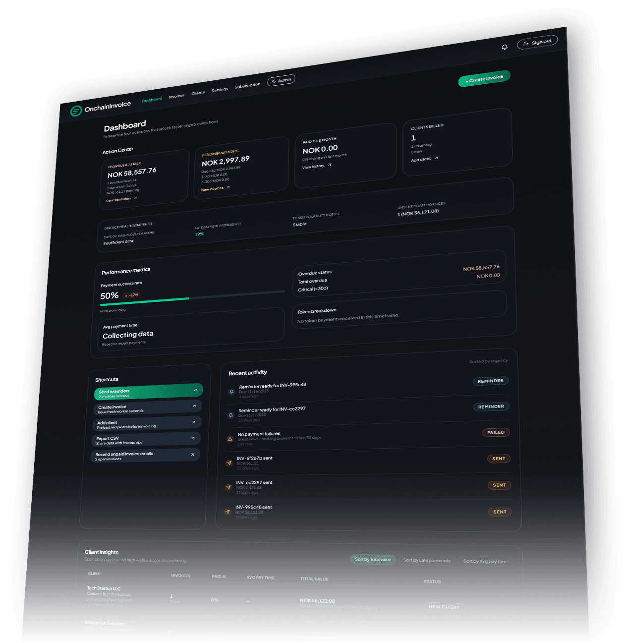 Invoice in your local currency on left, crypto payment with QR code on right